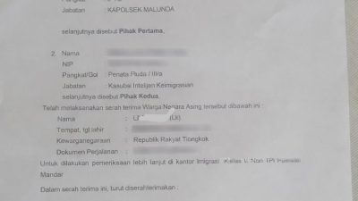WNA Asal Tiongkok Diserahkan ke Imigrasi Usai Insiden di Laut Malunda, Status Overstay Masih Didalami